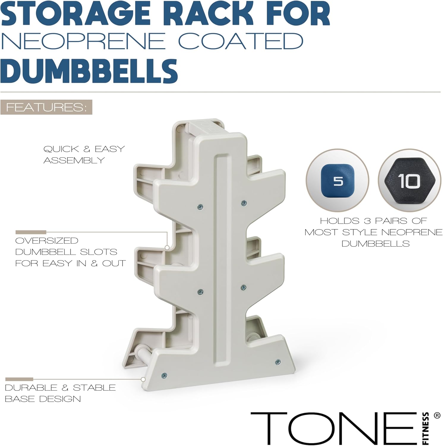 Tone Fitness Neoprene Dumbbell Set with Storage Rack – Non-Slip, Anti-Roll Hand Weights for Home Gym Workouts | 20 lb, 32 lb, 50 lb, 60 lb & 100 lb Options - Image 3