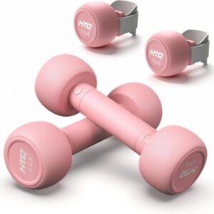 HTQ Adjustable Dumbbell Set for Women, 2-17LBS Total Plate Weight Home Workout Equipment with Kettlebell, Wrist Weights, Resistance Tube, Jump Rope, Pink/Green Free Weights Set for Women at Home