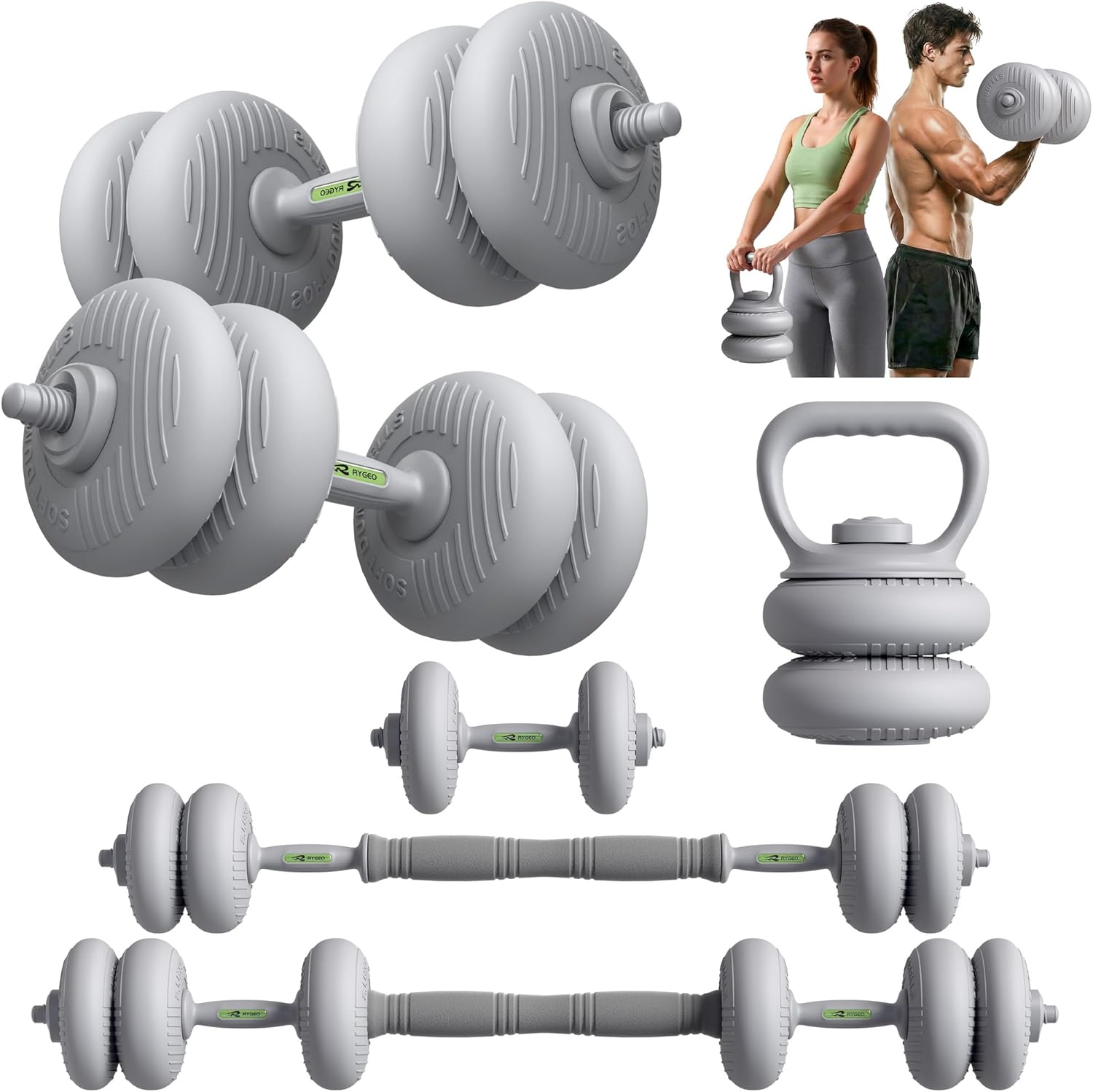 RYGEO Adjustable Dumbbell Set 22lb/44lb/66lb/80lbs Free Weights and Connector, Convert to Barbell, Kettlebells, All Floor Friendly Soft-shell Dumbbells, Home Gym Fitness for Men Women