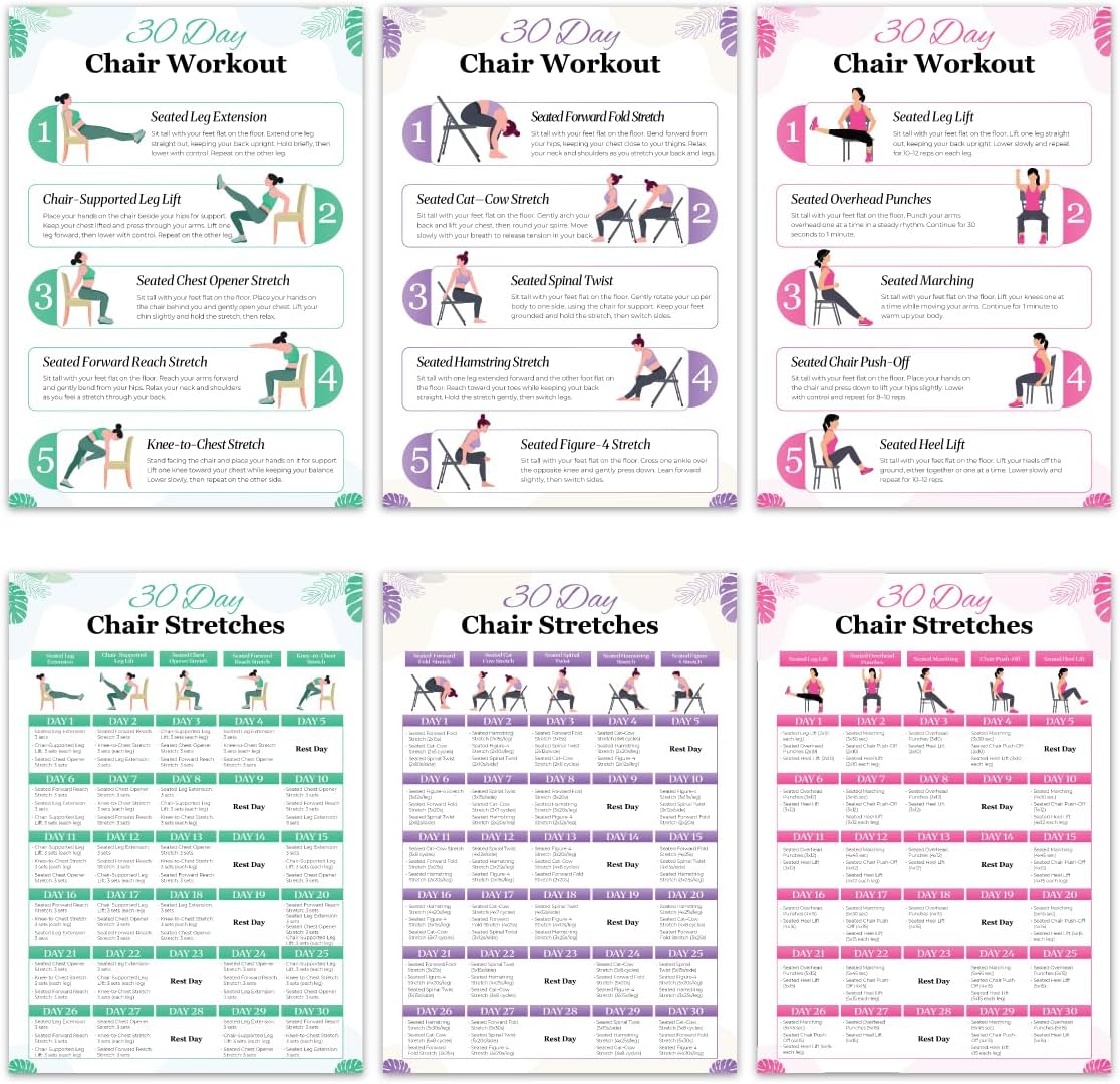 Chair Yoga & Tai Chi Poster for Seniors & Beginners - Set of 6 Laminated Charts - Gentle Seated Exercises for Stiffness, Joint Pain & Stress Relief - Easy to Follow 30-Day Challanges Home Workout Guide