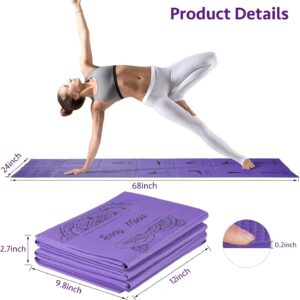 Foldable Yoga Mat for Women, Non Slip Exercise Mat for Home Gym, 5mm Travel Yoga Mats Set With Stretch Strap for Yoga Pilates and Fitness, 68″L x 24″W x 0.2 Inch Thick