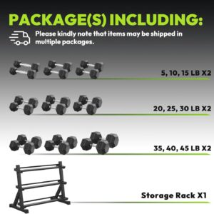 HANDBODE Hex Dumbbell Set with Rack, 300-840 lb Rubber Coated Fixed Weights Sets with Heavy Duty Storage Stand, Hexagon Shape, Multiple Weight Options Home Gym Equipment for Strength Training