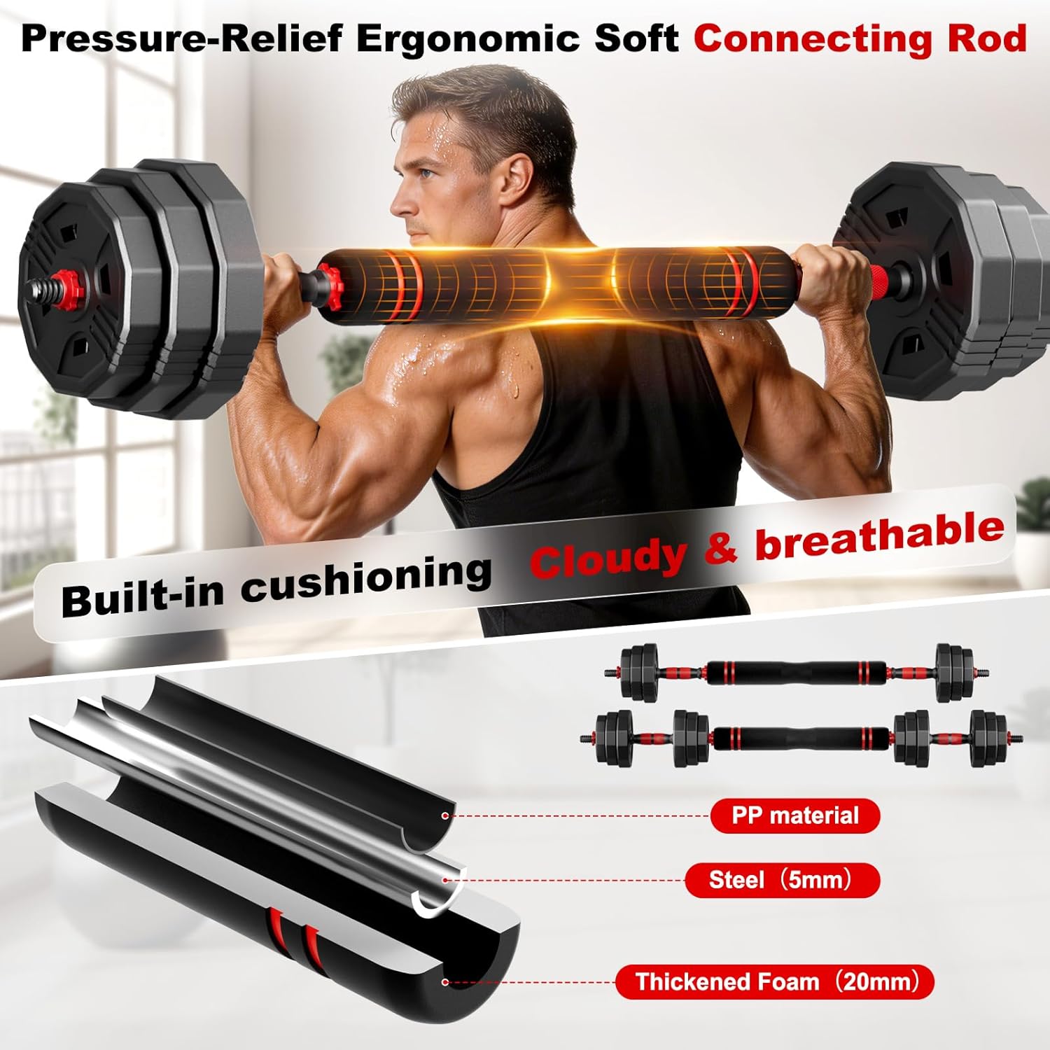 Adjustable dumbbell set, 20/30/45/70/90lbs Free Weight Set with Connector, 5 in1 Multi-Function Dumbbells Set Used as Barbell & Kettlebell, Push up Stand, Fitness for Home Gym Suitable Men/Women - Image 3