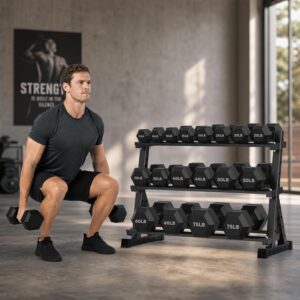 HANDBODE Hex Dumbbell Set with Rack, 300-840 lb Rubber Coated Fixed Weights Sets with Heavy Duty Storage Stand, Hexagon Shape, Multiple Weight Options Home Gym Equipment for Strength Training