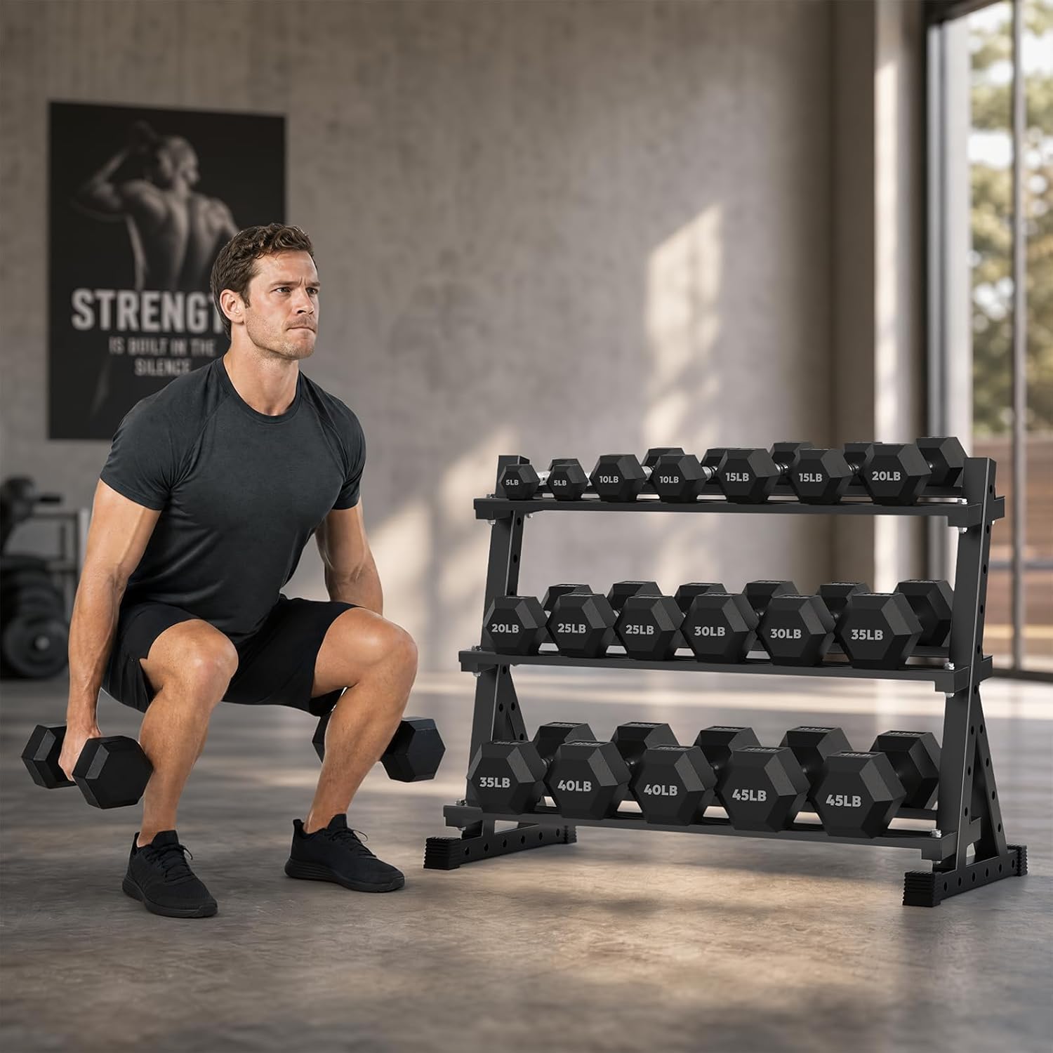 HANDBODE Hex Dumbbell Set with Rack, 300-840 lb Rubber Coated Fixed Weights Sets with Heavy Duty Storage Stand, Hexagon Shape, Multiple Weight Options Home Gym Equipment for Strength Training