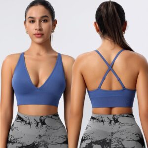 Evercute Women’s Sports Bras 3/4 Pack Adjustable Deep V Neck Bras Wireless Spaghetti Strap Criss Cross Padded Low Support Bra