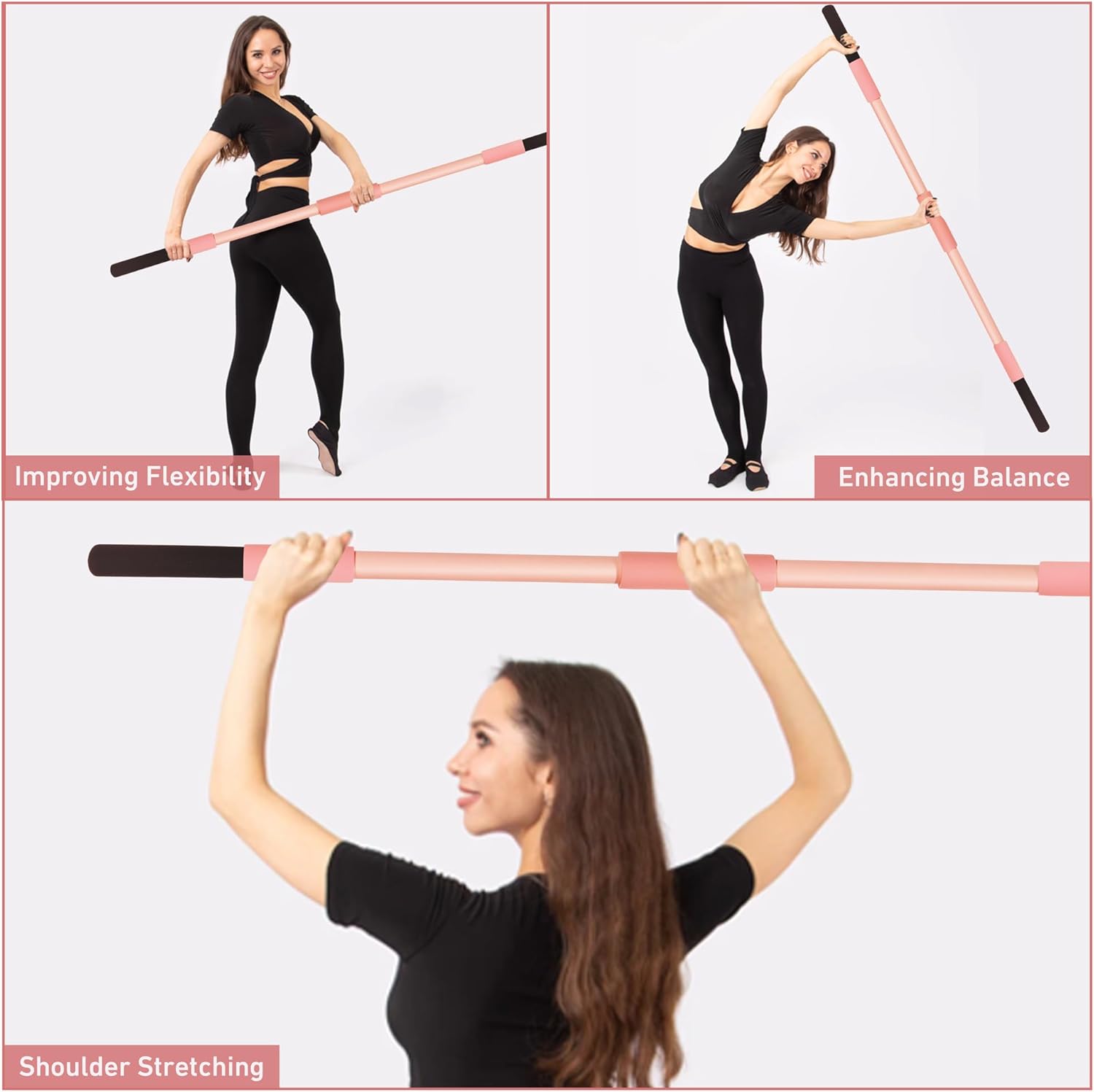 Pink Yoga Stick 58 Inch - Alloy Steel Stretching & Exercise Stick with Neck & Hand Pads, Shoulder Flexibility Tool for Yoga, Pilates & Home Gym Workouts - Image 6