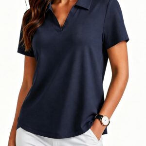 PINSPARK Womens Golf Shirt Short Sleeve Polo Shirts UPF 50+ Tennis Top V-Neck Workout Tops Collared Activewear T-Shirts