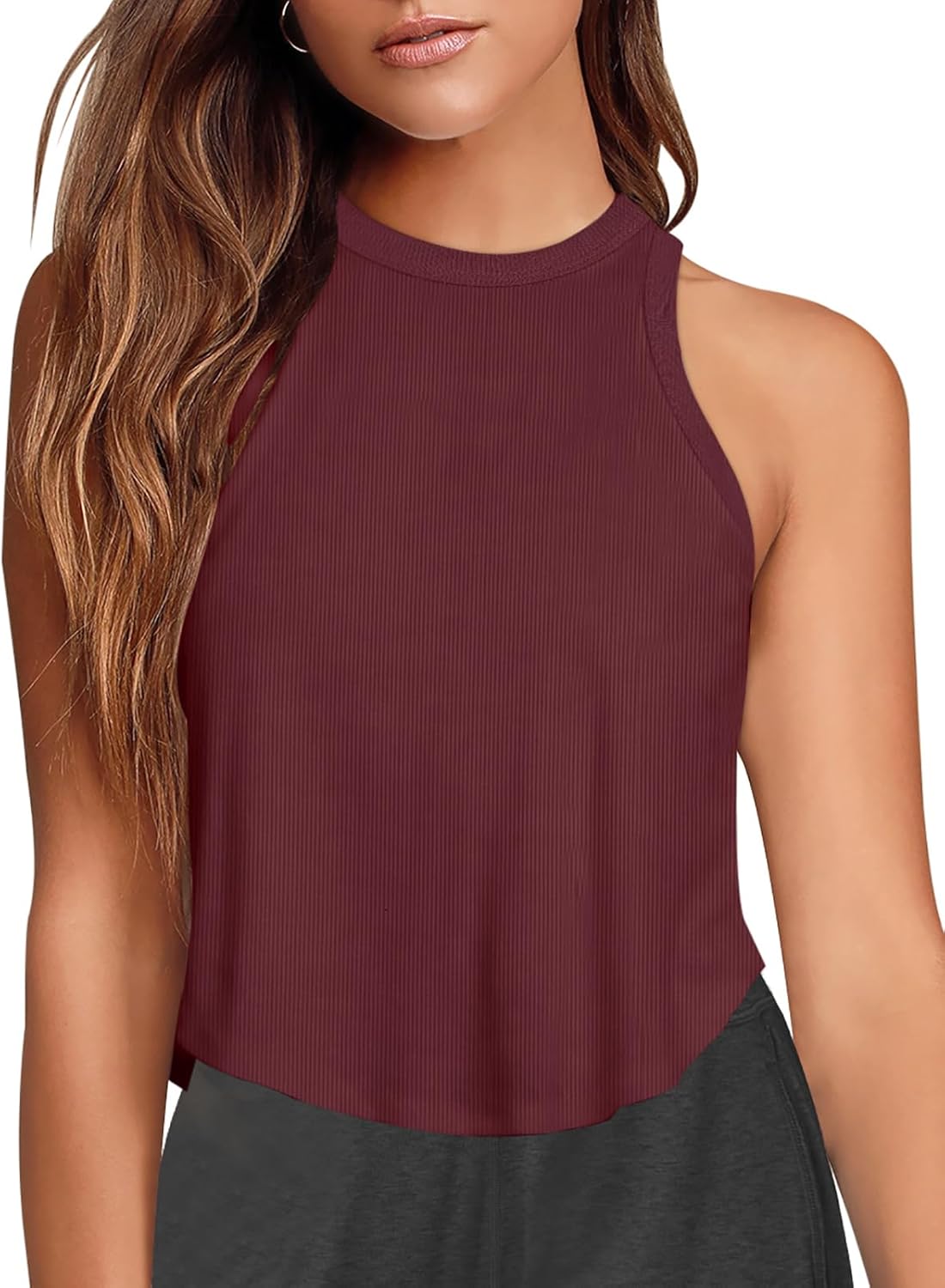 LASLULU Womens Crop Tops Sleeveless Workout Tops Halter Neck Flowy Athletic Shirts Cropped Tank Muscle Tank