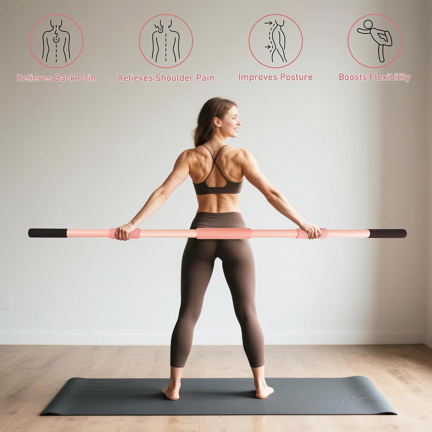 Pink Yoga Stick 58 Inch - Alloy Steel Stretching & Exercise Stick with Neck & Hand Pads, Shoulder Flexibility Tool for Yoga, Pilates & Home Gym Workouts - Image 5