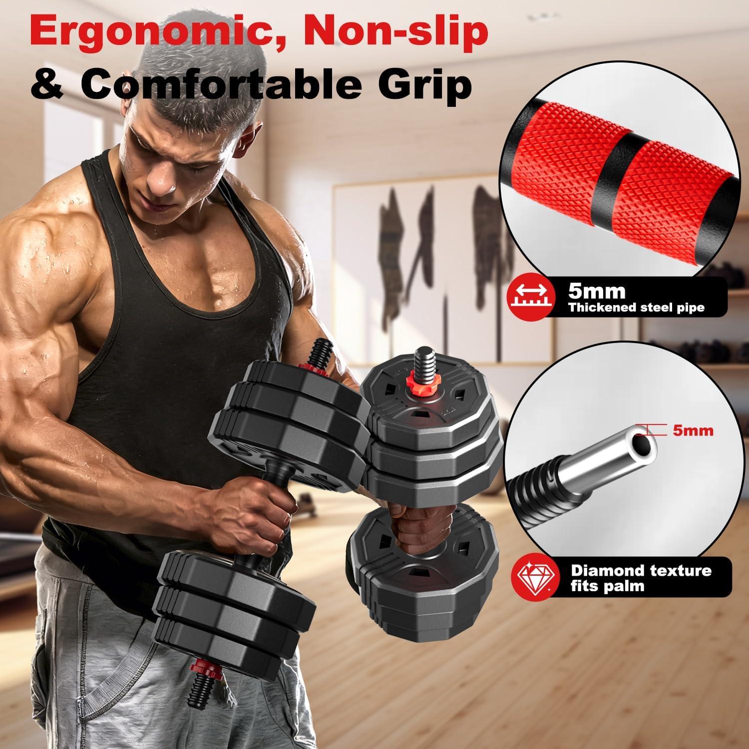 Adjustable dumbbell set, 20/30/45/70/90lbs Free Weight Set with Connector, 5 in1 Multi-Function Dumbbells Set Used as Barbell & Kettlebell, Push up Stand, Fitness for Home Gym Suitable Men/Women - Image 5