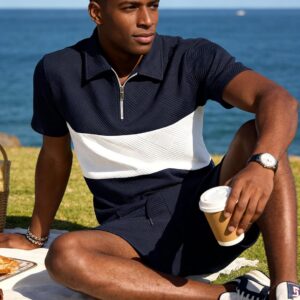 UOUA Mens Summer Track Suits 2 Piece Shorts Sets Short Sleeve Sweatsuit Outfits 1/4 Zip Golf Polo Splicing Striped Shirts