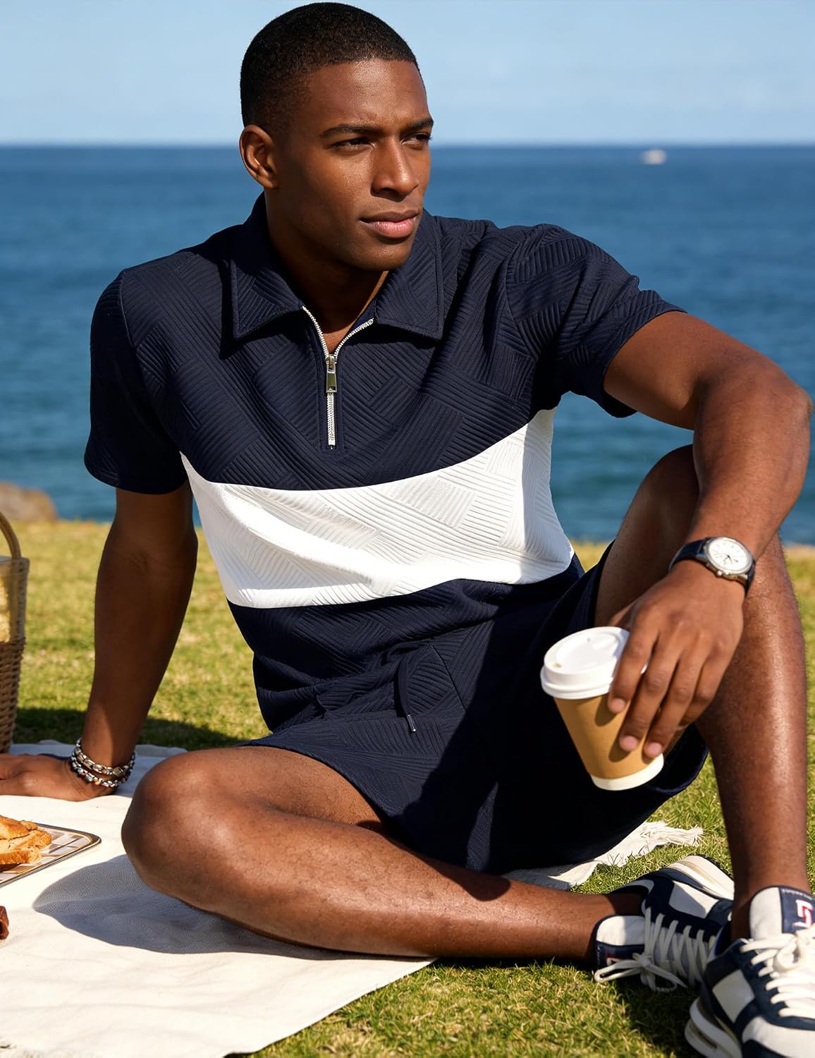UOUA Mens Summer Track Suits 2 Piece Shorts Sets Short Sleeve Sweatsuit Outfits 1/4 Zip Golf Polo Splicing Striped Shirts - Image 2