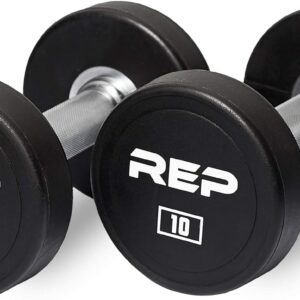 REP Fitness Urethane Coated Round Dumbbells, 5 to 100 lbs, Singles or Pairs, With or Without Rack, Steel Core, Rubber Encased, Chrome Handles, Professional Weights for Home Gym Strength Training