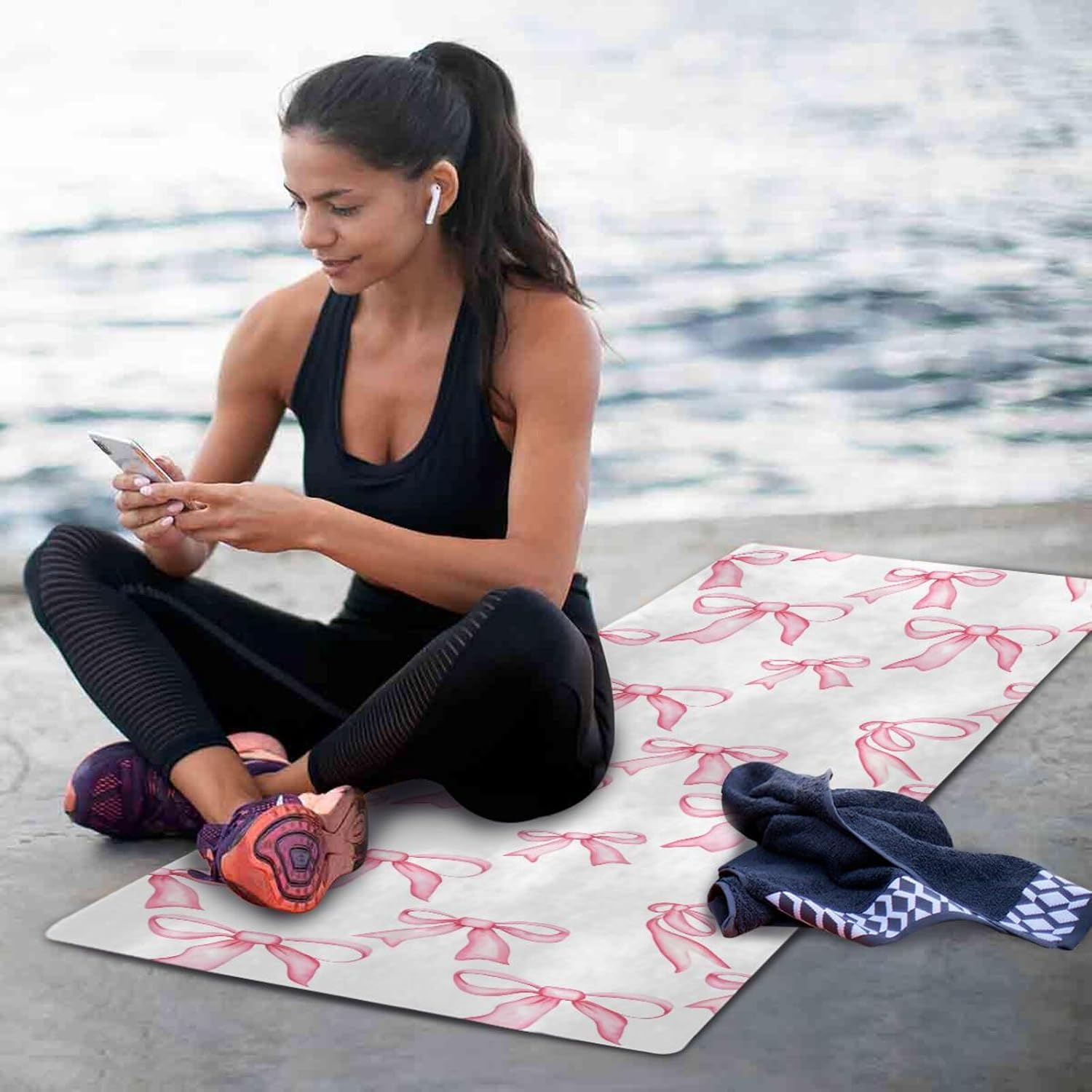 Blush Bow Pattern Thin Yoga Mat with Bag Included, Non Slip Fitness Workout Mat, Foldable Suede Rubber Yoga Mat for Yoga Pilates and Fitness, 70.8" L x 26" W x 1mm - Image 6