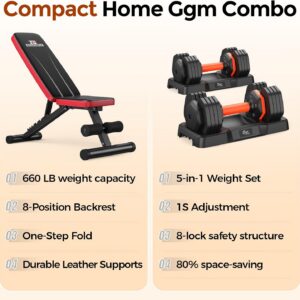 NICEPEOPLE Adjustable Weight Bench and Dumbbell Set for Home Gym, 660LBS Capacity Workout Bench with Adjustable Dumbbell Set of 2, 25LBS Pair (Total 50LBS) with Storage Box for Full Body Workouts