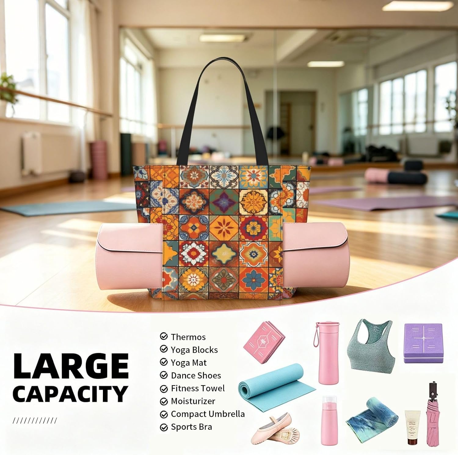 Women'S Yoga Bag With Yoga Mat Carrier Large Shoulder Bag Painted Bread Carryall Tote For Travel Office Beach Gym - Image 5