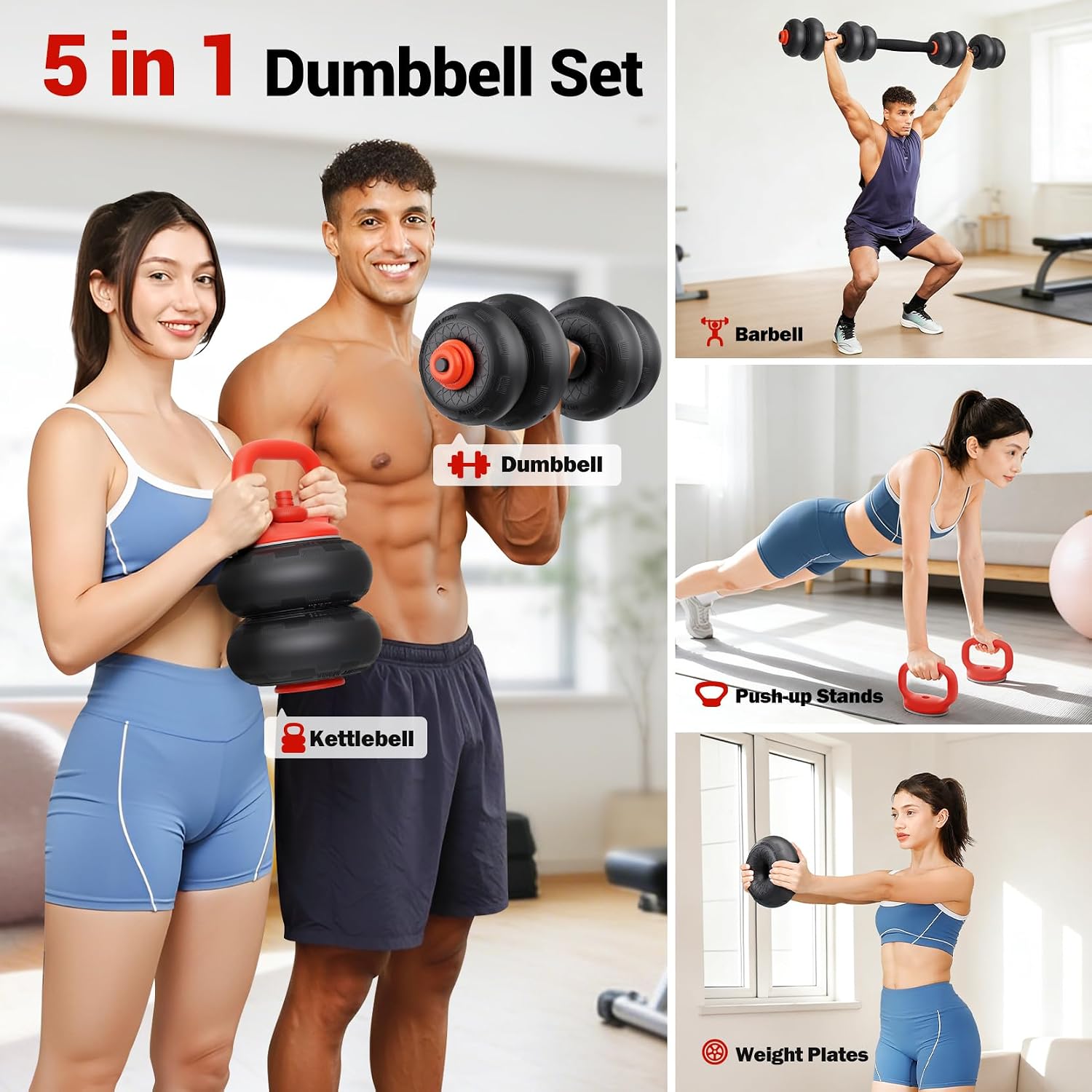 Yoleo Adjustable Dumbbell Set, 45LBS Free Weight Set with Silent Anti-Collision Air Cushion with Connector, 5-in-1 Dumbbells Set Includes Barbell, Kettlebells, Push up Stand, Weight Plate, Exercise & Fitness Dumbbells Weight Set for Home Gym Suitable Men/Women - Image 5