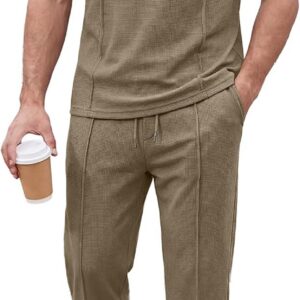 JMIERR Mens 2 Piece Sets Short Sleeve Shirts and Loose Pants Summer Textured Suits