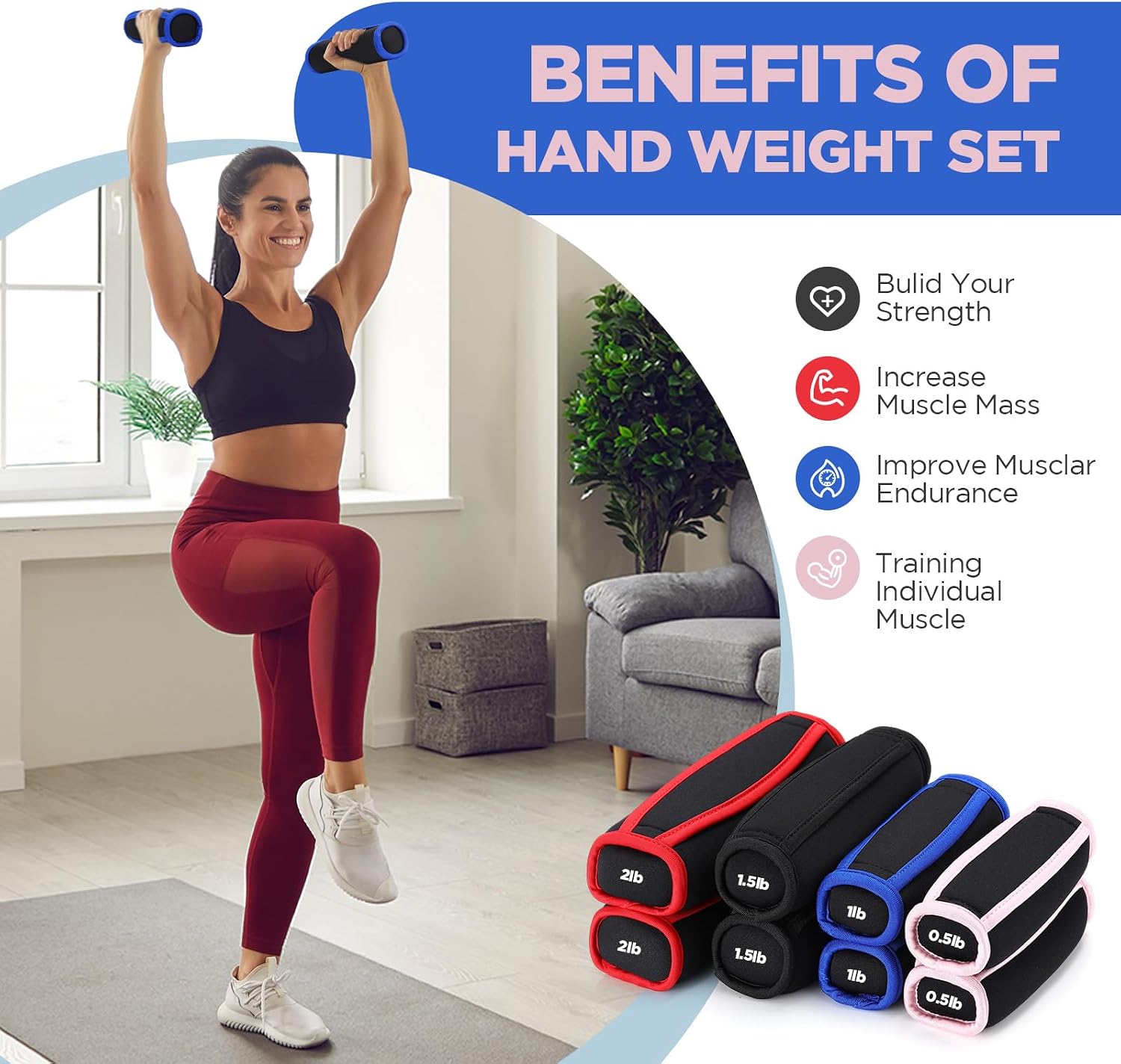 Hollowfly 4 Pair Soft Hand Weights Set for Women Men, 0.5lb 1lb 1.5lb 2lb Soft Dumbbells Walking Weights Small Weight Set Exercise Weights with Hand Strap for Running Workout Physical Aerobics - Image 2