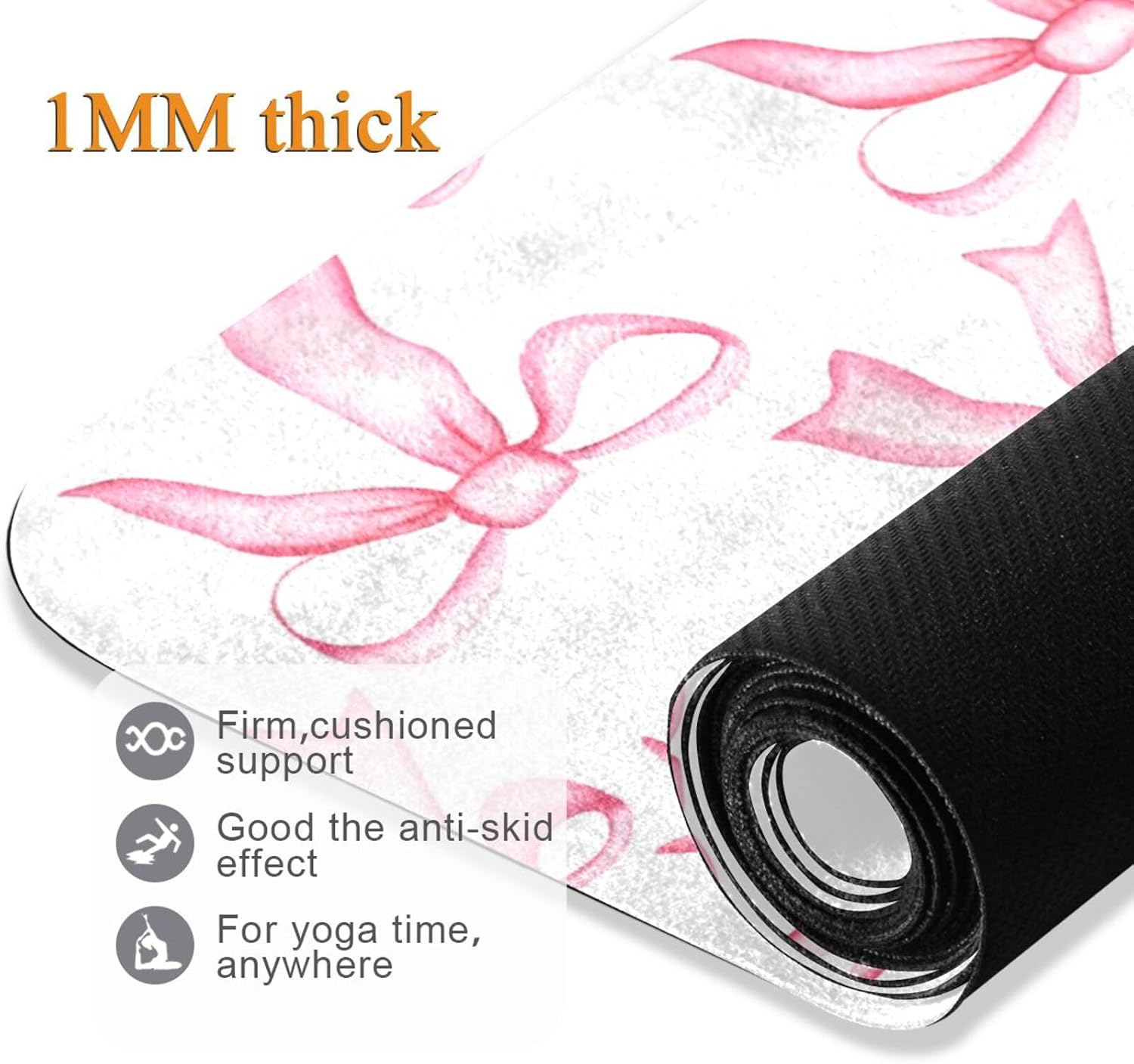 Blush Bow Pattern Thin Yoga Mat with Bag Included, Non Slip Fitness Workout Mat, Foldable Suede Rubber Yoga Mat for Yoga Pilates and Fitness, 70.8" L x 26" W x 1mm - Image 4