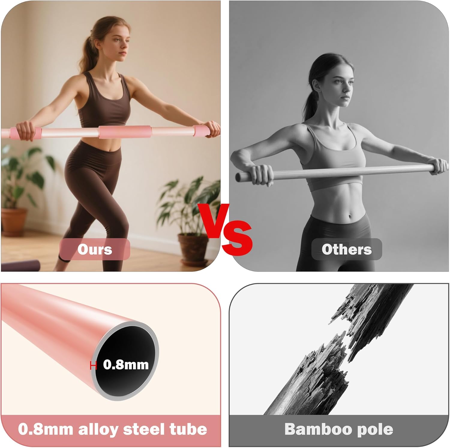 Pink Yoga Stick 58 Inch - Alloy Steel Stretching & Exercise Stick with Neck & Hand Pads, Shoulder Flexibility Tool for Yoga, Pilates & Home Gym Workouts - Image 2