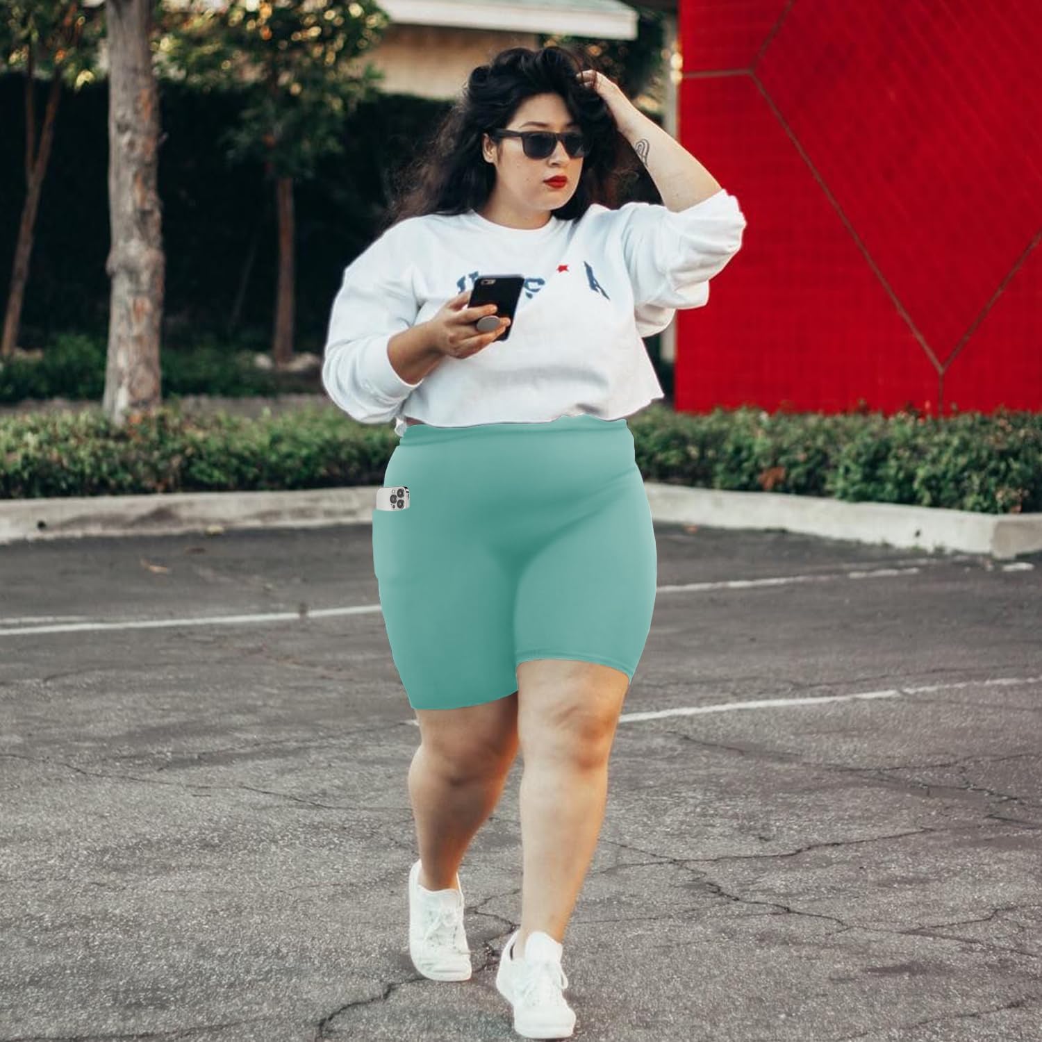 MOREFEEL Plus Size 8" Biker Shorts with Pockets for Women – High Waisted Tummy Control Black Yoga Shorts (XL-4XL) - Image 3
