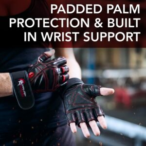 Dark Iron Fitness Genuine Leather Gym Gloves for Men Women, Wrist Wrap Support Workout Gloves for Weight Lifting Crossfit Deadlift Barbell Exercise Palm Padding Callus Protection Grips