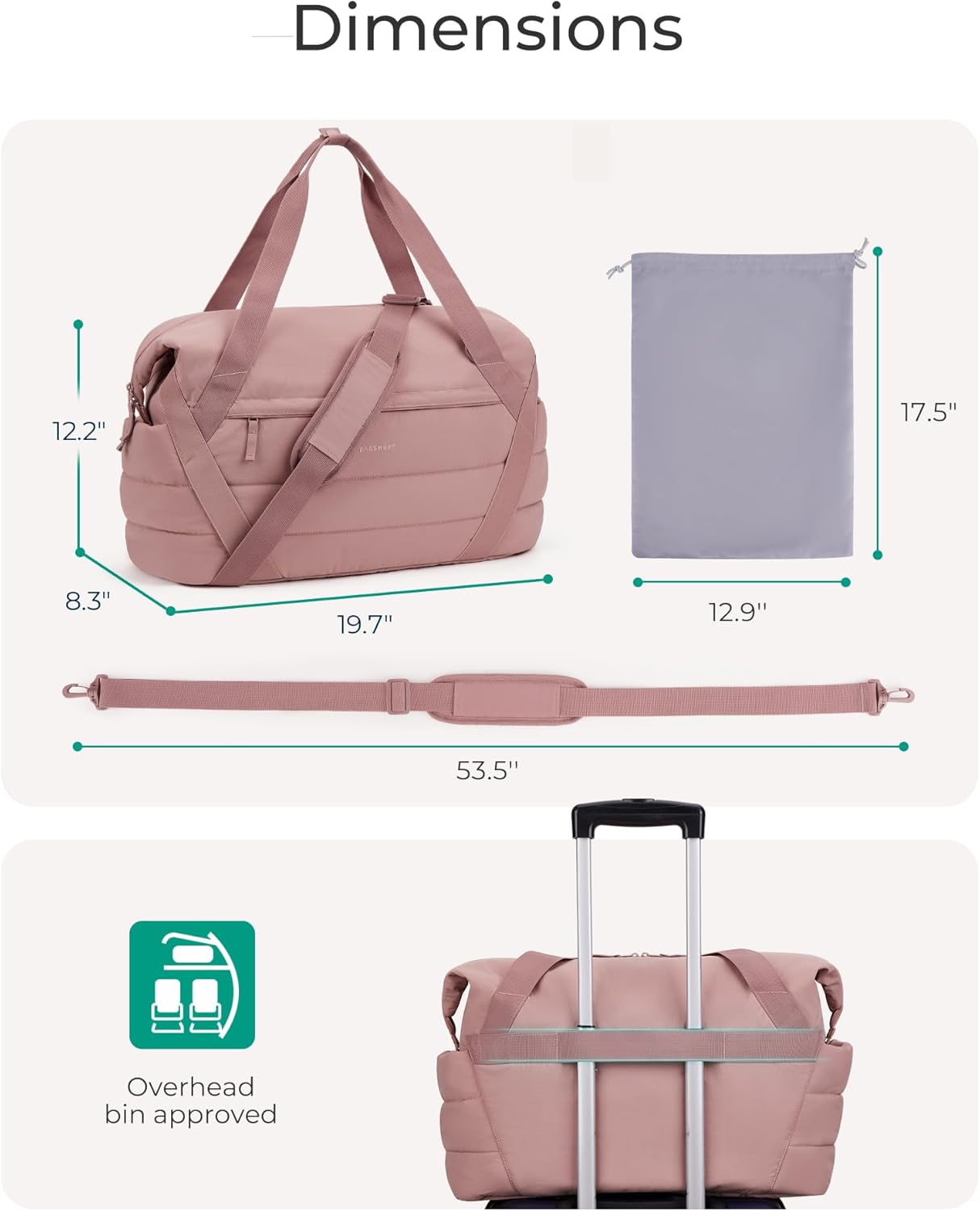 BAGSMART Gym Bag for Women, Weekender Travel Bag with Trolley Sleeve, Sports Duffel Bag with Yoga Mat Holder, Gym Tote Bag for Workout Sport Travel Swimming Yoga - Image 6