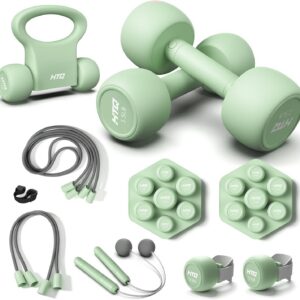 HTQ Adjustable Dumbbell Set for Women, 2-17LBS Total Plate Weight Home Workout Equipment with Kettlebell, Wrist Weights, Resistance Tube, Jump Rope, Pink/Green Free Weights Set for Women at Home