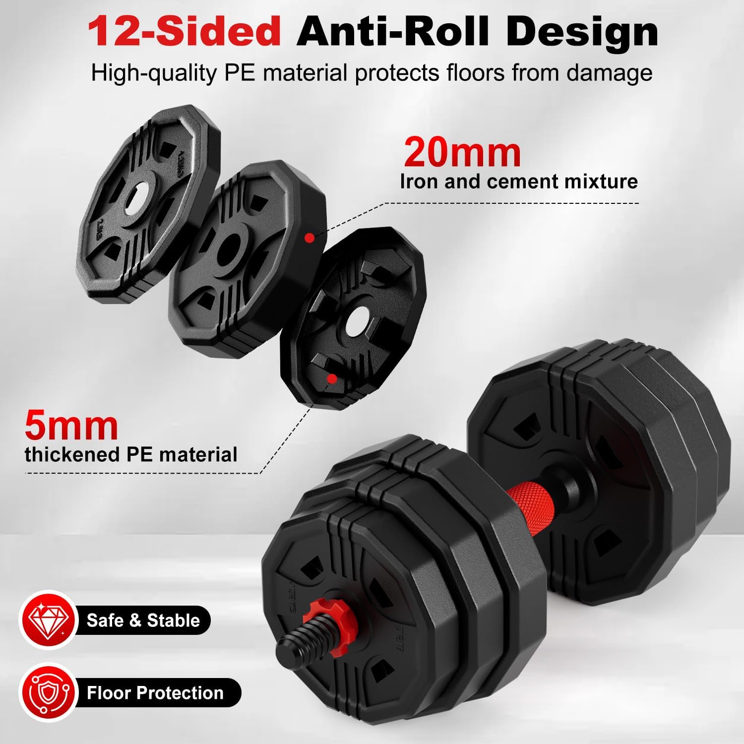 Adjustable dumbbell set, 20/30/45/70/90lbs Free Weight Set with Connector, 5 in1 Multi-Function Dumbbells Set Used as Barbell & Kettlebell, Push up Stand, Fitness for Home Gym Suitable Men/Women - Image 4