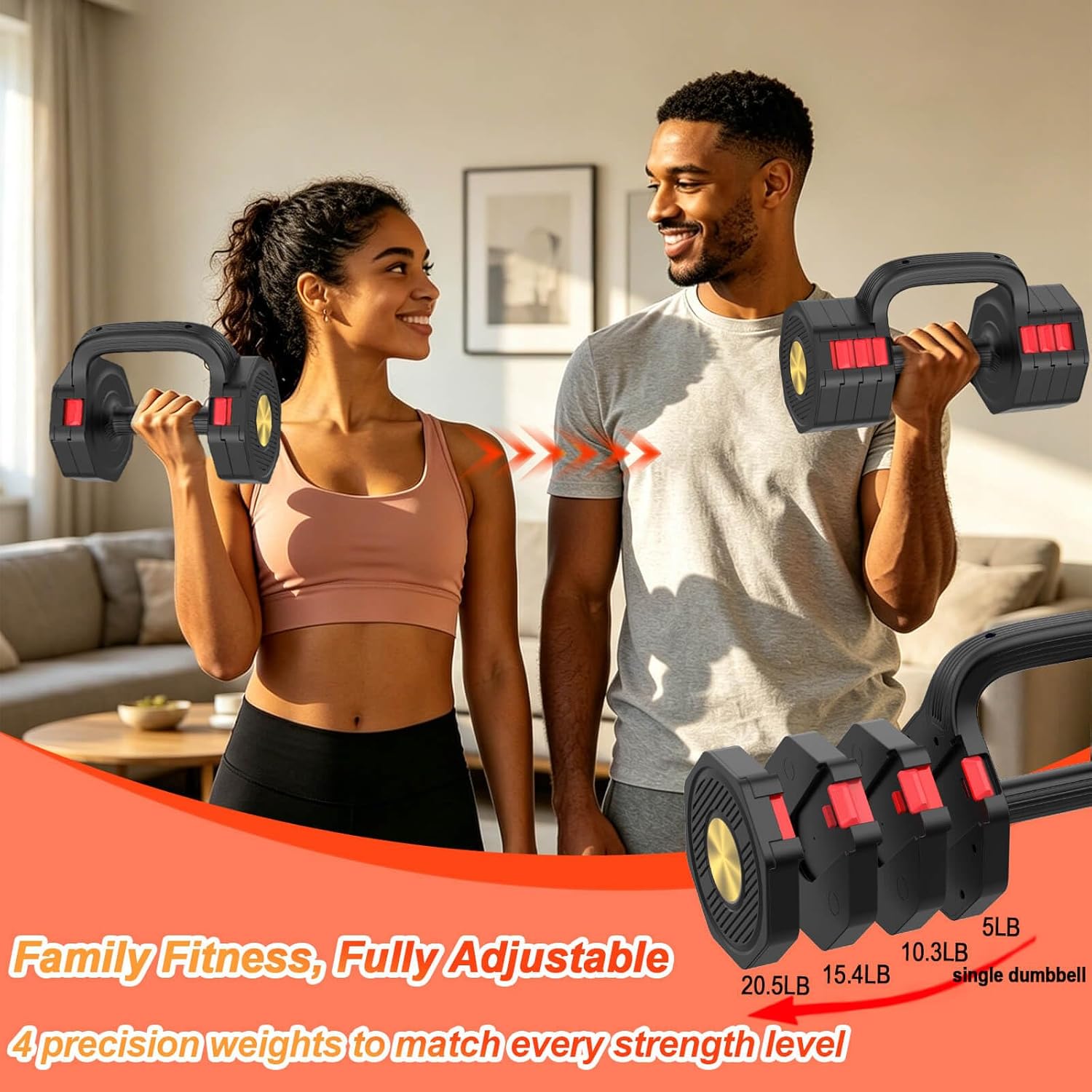 Adjustable Dumbbells Set with 4-Level Weights | Dual-Function, Quick-Adjustable Weights, Portable, Space-Efficient, for Men & Women, Multi-Scene Use - Image 3