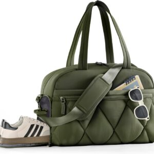 Gym Bag for Women, Puffer Travel Duffle Bag With Shoes Compartment & Wet Pocket, Carry On Tote Bag For Weekender, Overnight, Sport duffel bags for traveling (Green, Medium)