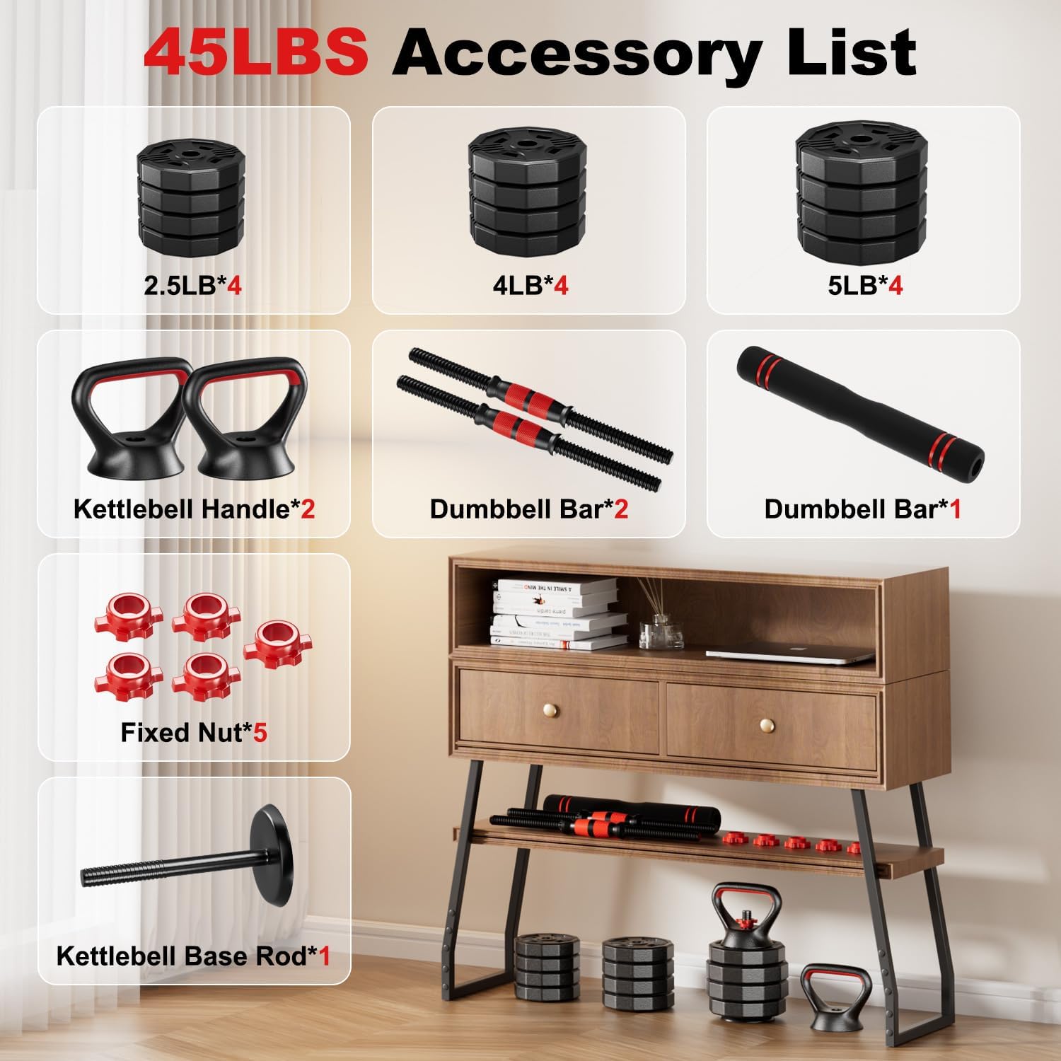 Adjustable dumbbell set, 20/30/45/70/90lbs Free Weight Set with Connector, 5 in1 Multi-Function Dumbbells Set Used as Barbell & Kettlebell, Push up Stand, Fitness for Home Gym Suitable Men/Women - Image 2