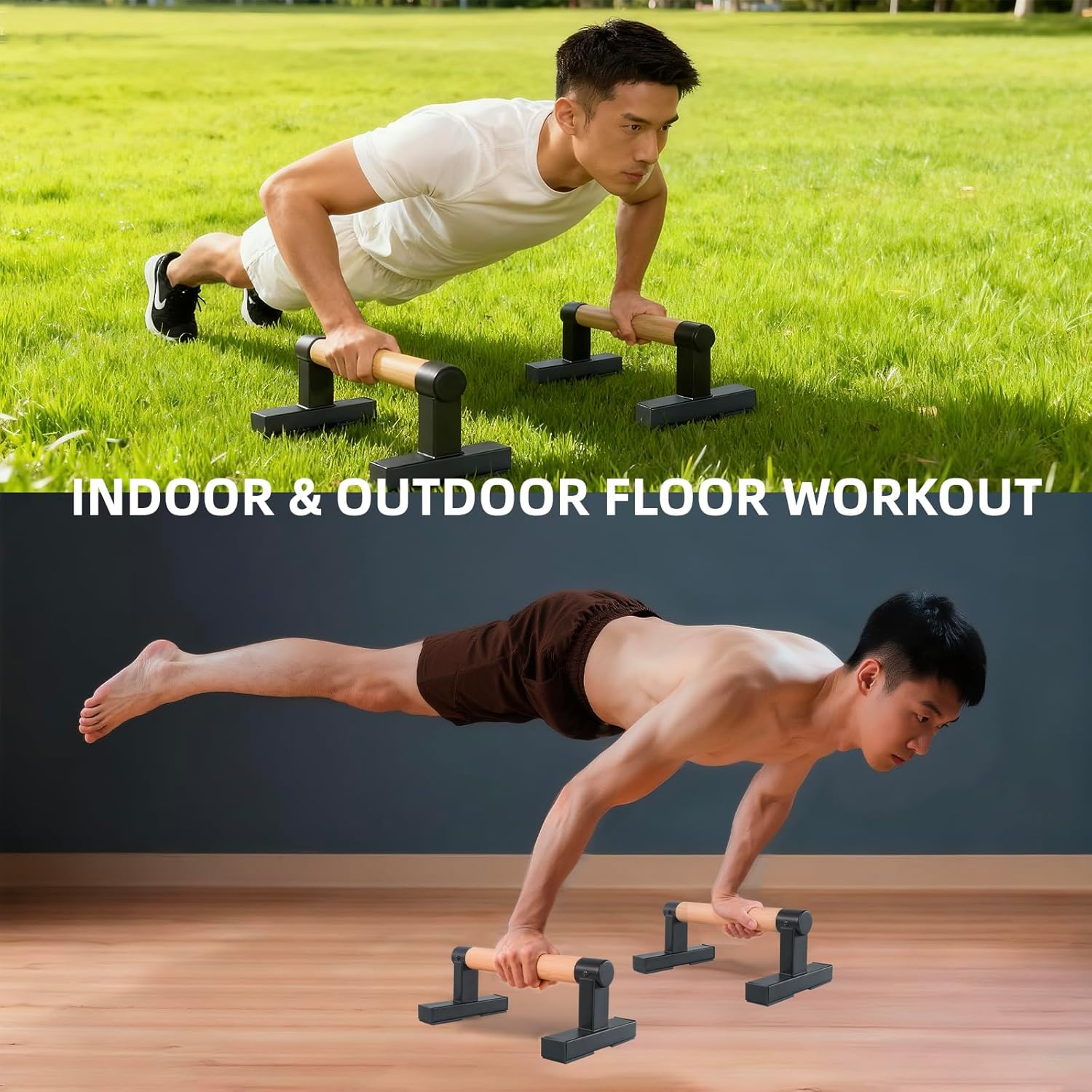 1 Pair Wooden Parallettes Push Up Bars for Men, Strength Training Pushup Stands Handles for Home Calisthenics, Fitness, Floor Workouts Bars Solid Wood with Metal Bracket - Support 600 lbs - Image 8