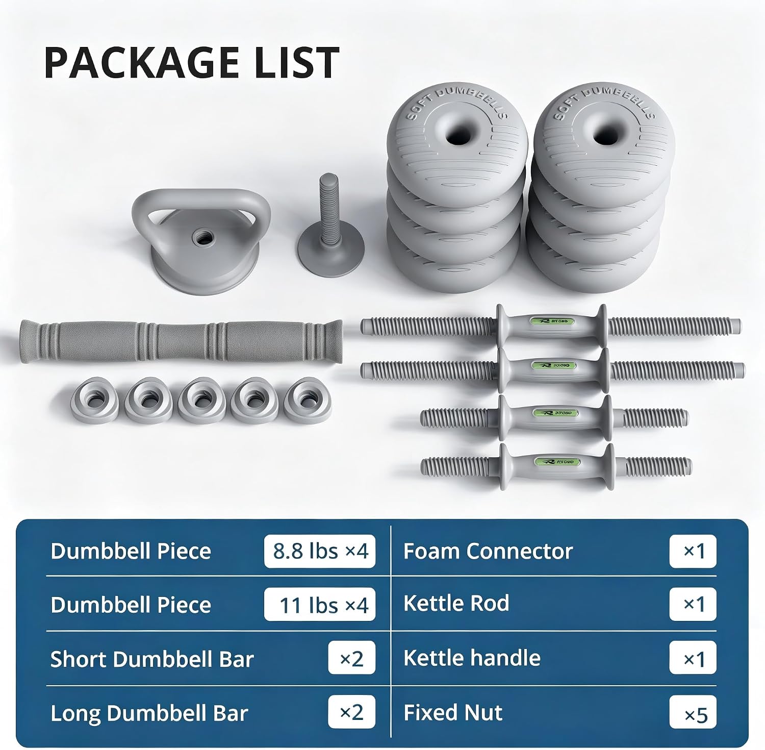 RYGEO Adjustable Dumbbell Set 22lb/44lb/66lb/80lbs Free Weights and Connector, Convert to Barbell, Kettlebells, All Floor Friendly Soft-shell Dumbbells, Home Gym Fitness for Men Women - Image 7