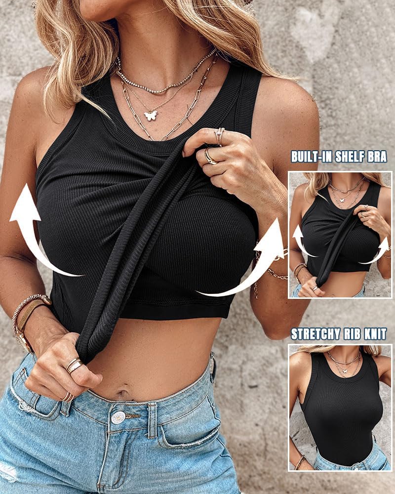 CHICME Women Built-in Bra Tank Tops Sleeveless Casual Shirts Racerback Ribbed Fitted Tank Tops - Image 4