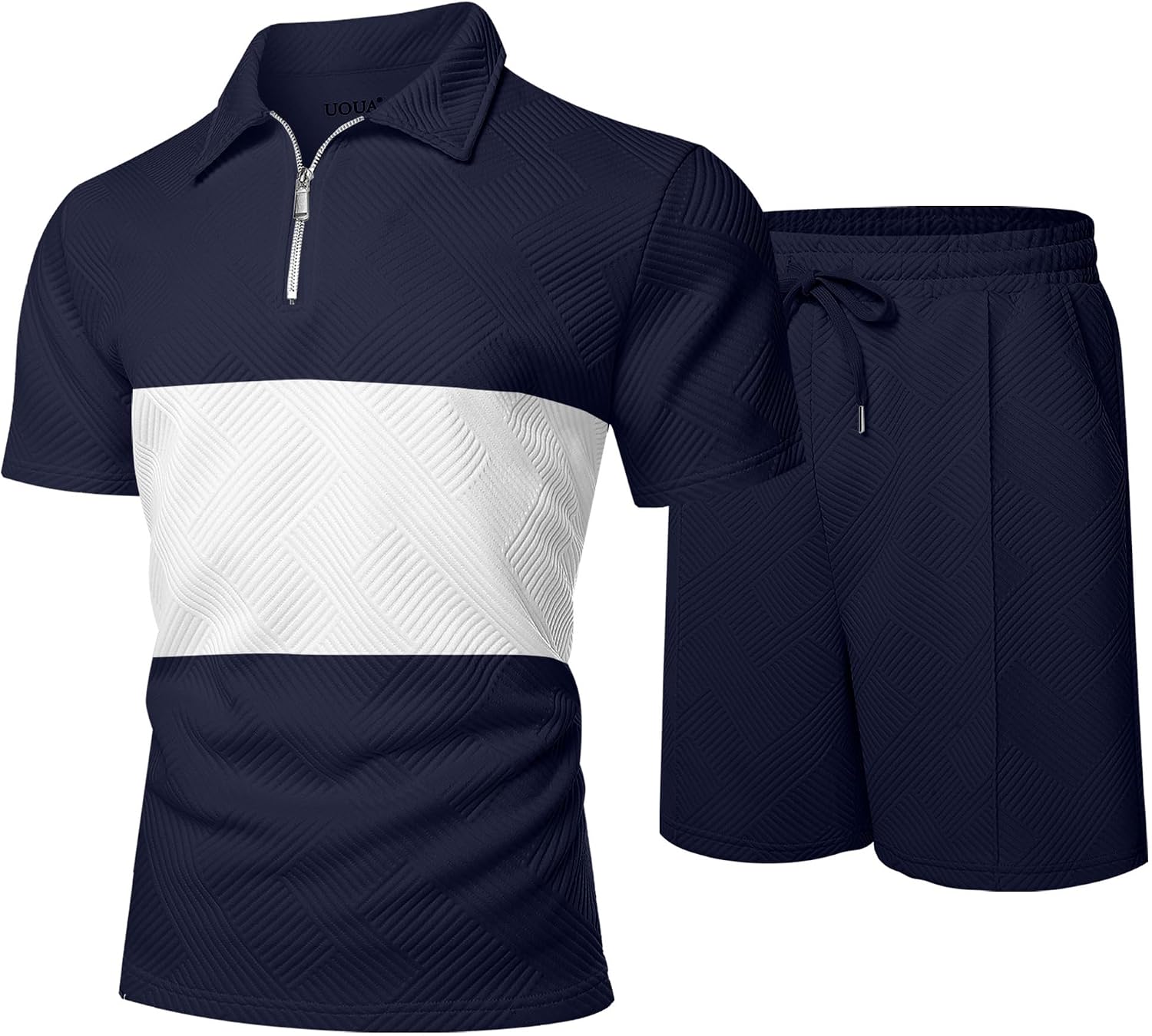 UOUA Mens Summer Track Suits 2 Piece Shorts Sets Short Sleeve Sweatsuit Outfits 1/4 Zip Golf Polo Splicing Striped Shirts - Image 6