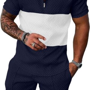 UOUA Mens Summer Track Suits 2 Piece Shorts Sets Short Sleeve Sweatsuit Outfits 1/4 Zip Golf Polo Splicing Striped Shirts