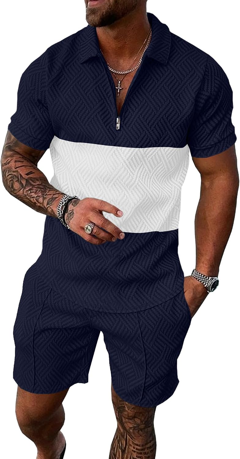 UOUA Mens Summer Track Suits 2 Piece Shorts Sets Short Sleeve Sweatsuit Outfits 1/4 Zip Golf Polo Splicing Striped Shirts