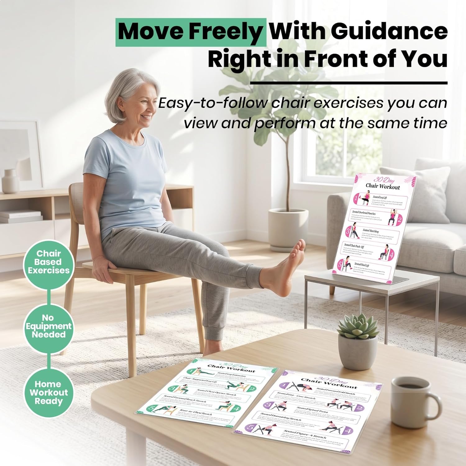 Chair Yoga & Tai Chi Poster for Seniors & Beginners - Set of 6 Laminated Charts - Gentle Seated Exercises for Stiffness, Joint Pain & Stress Relief - Easy to Follow 30-Day Challanges Home Workout Guide - Image 7