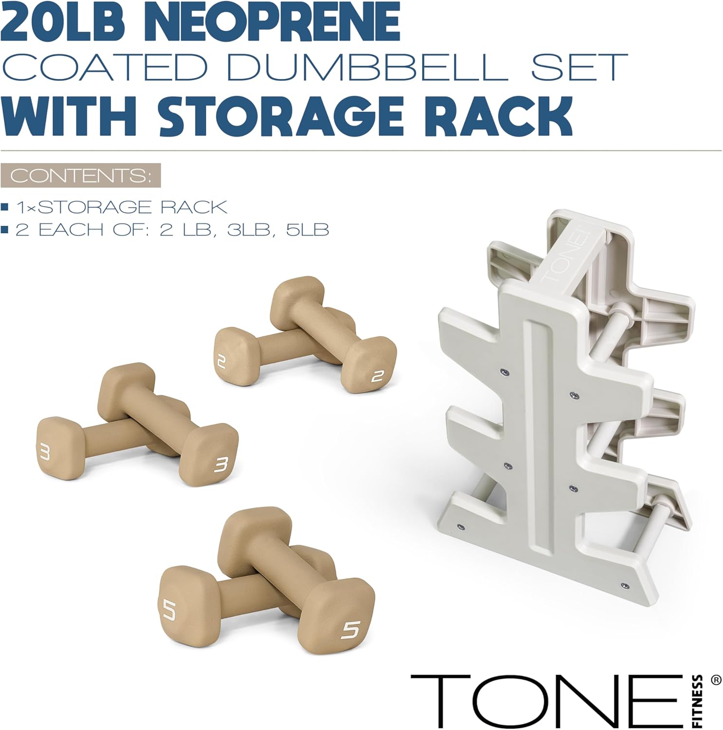 Tone Fitness Neoprene Dumbbell Set with Storage Rack – Non-Slip, Anti-Roll Hand Weights for Home Gym Workouts | 20 lb, 32 lb, 50 lb, 60 lb & 100 lb Options - Image 2