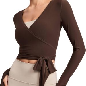 CRZ YOGA Cloudweight Wrap Shirts for Women – Workout Yoga Pilates Casual Long Sleeve Tops Cross V Neck Tie Soft Tees
