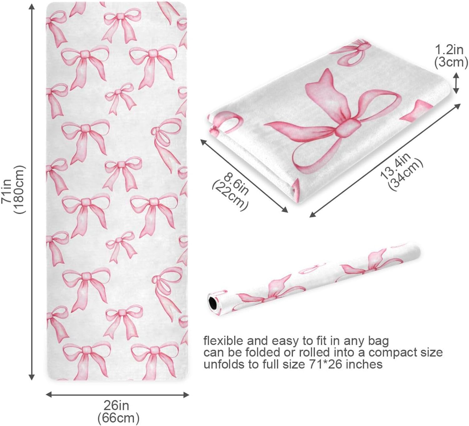 Blush Bow Pattern Thin Yoga Mat with Bag Included, Non Slip Fitness Workout Mat, Foldable Suede Rubber Yoga Mat for Yoga Pilates and Fitness, 70.8" L x 26" W x 1mm - Image 5