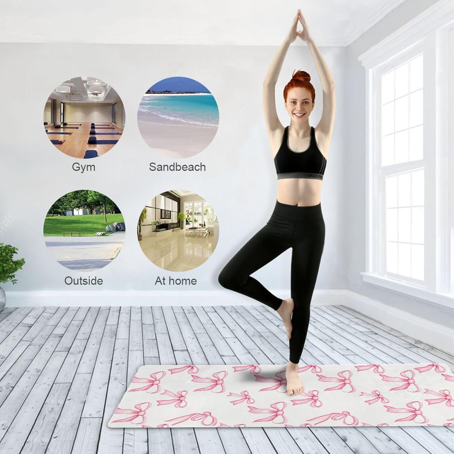 Blush Bow Pattern Thin Yoga Mat with Bag Included, Non Slip Fitness Workout Mat, Foldable Suede Rubber Yoga Mat for Yoga Pilates and Fitness, 70.8" L x 26" W x 1mm - Image 8
