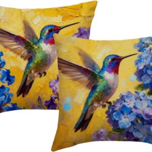 Hummingbird Flower Pillow Cover Oil Painting Floral Bird Pillow Cases 18×18 Inches Farmhouse Spring Decor Cushion Covers 2Pack for Couch Sofa Bedroom(Blue)