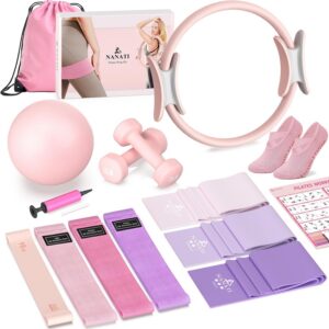 NANATI Pilates Kit, Home Pilates Workout Kit for Women, Pilates Equipment with 14.5″ Pilates Ring and Ball, Resistance Bands, Dumbbells & Grip Socks for Home Workouts