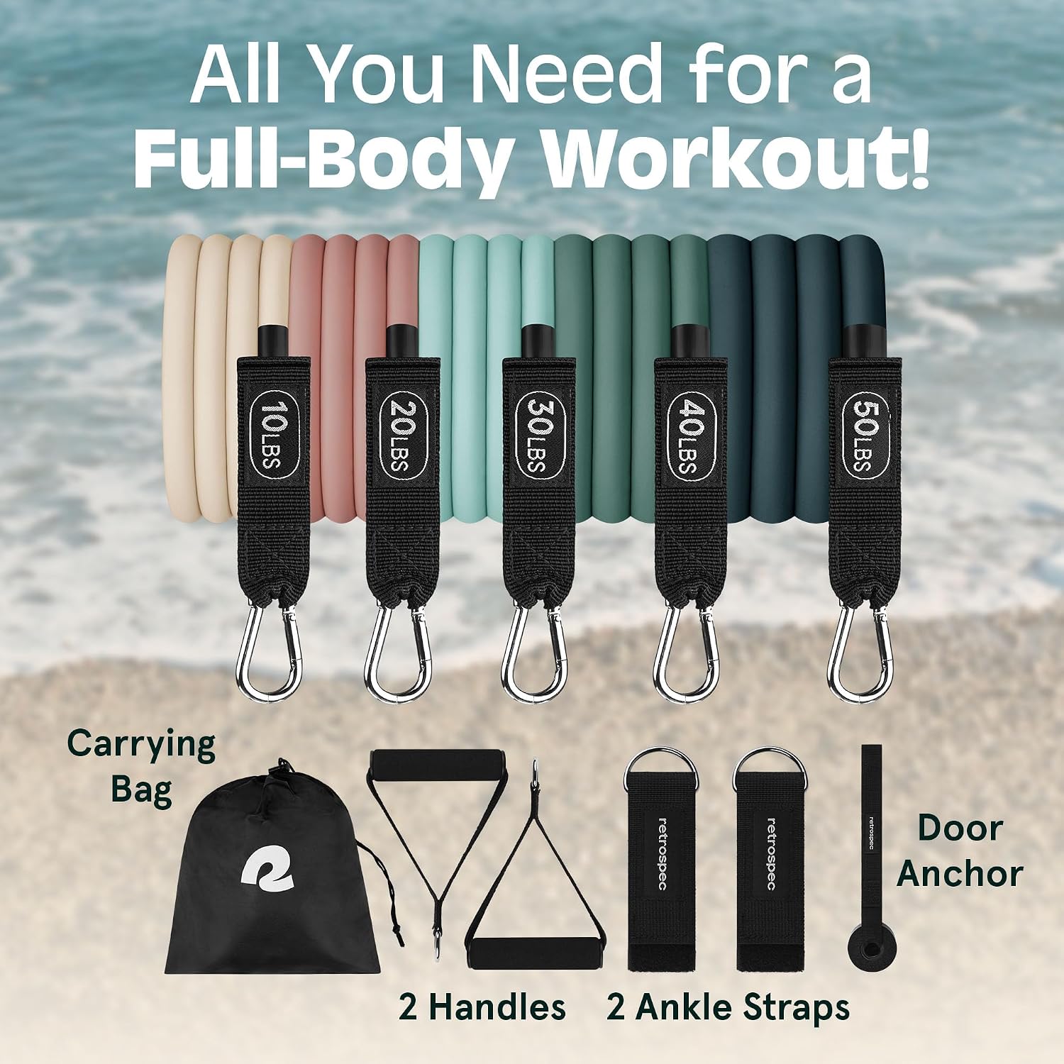 Retrospec Train Resistance Bands Set for Working Out - 5 Stackable Bands, Handles & Door Anchor - Portable Fitness Equipment for Physical Therapy & Yoga Includes Carry Bag - Image 2