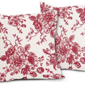 Vintage Floral Pillow Covers 18×18 Inch Set of 2 Wine Red and Cream Floral Throw Pillow Covers Chinoiserie Flower Pillowcases Rustic Farmhouse Cotton Linen Cushion Covers for Couch Bed Sofa Home Decor