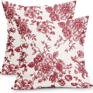 Vintage Floral Pillow Covers 18×18 Inch Set of 2 Wine Red and Cream Floral Throw Pillow Covers Chinoiserie Flower Pillowcases Rustic Farmhouse Cotton Linen Cushion Covers for Couch Bed Sofa Home Decor